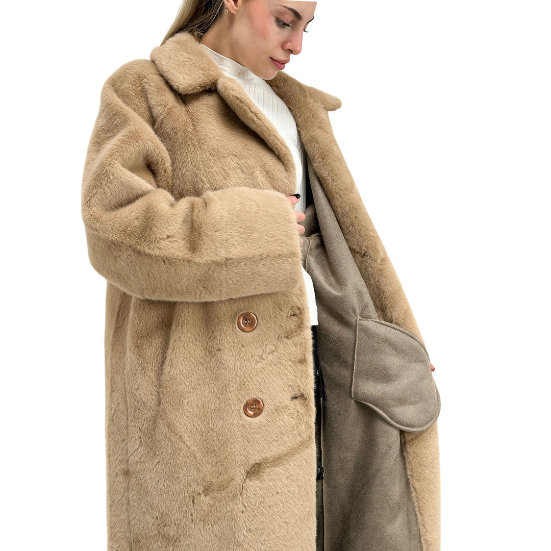 Bassini Cappotto Faux Mink Fur Donna, Pelliccia Sintetica, Beige