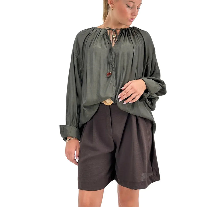 Bassini Blusa Donna Verde con Girocollo Arricciato Coulisse e Maniche Raglan