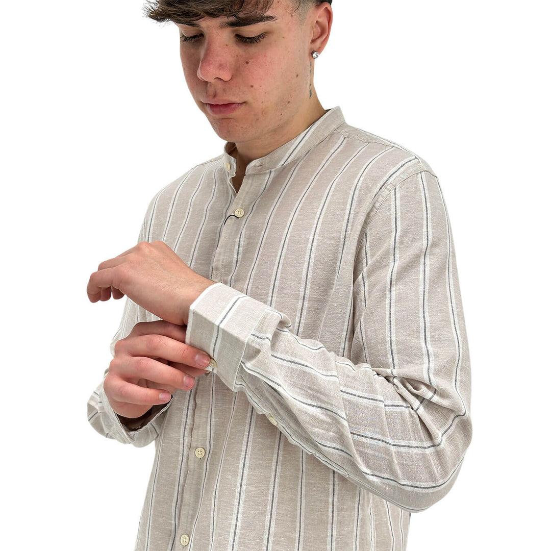 MarKup Camicia Uomo, Collo Alla Coreana, Misto Lino, Avorio