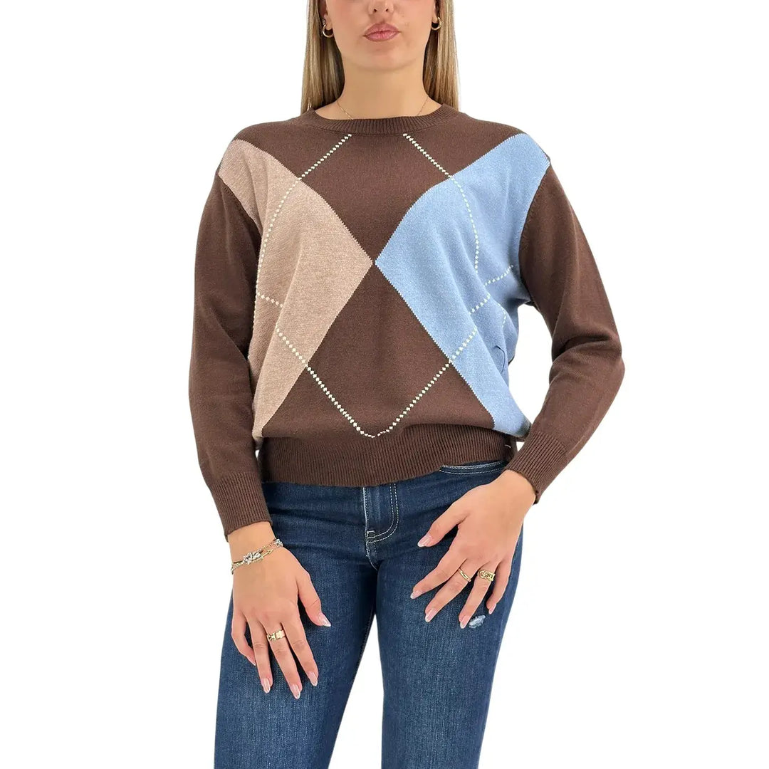 Bassini Maglia Donna Cioccolato a Rombi Celeste e Cammello con Girocollo e Maniche Lunghe