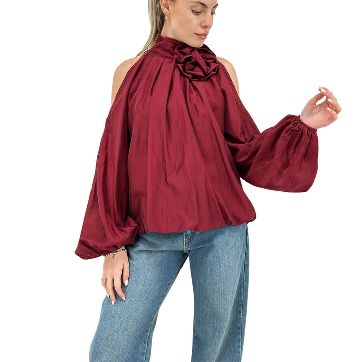 Motel Maglia Donna, Spalle Scoperta, Fiore Decorativo, Bordeaux