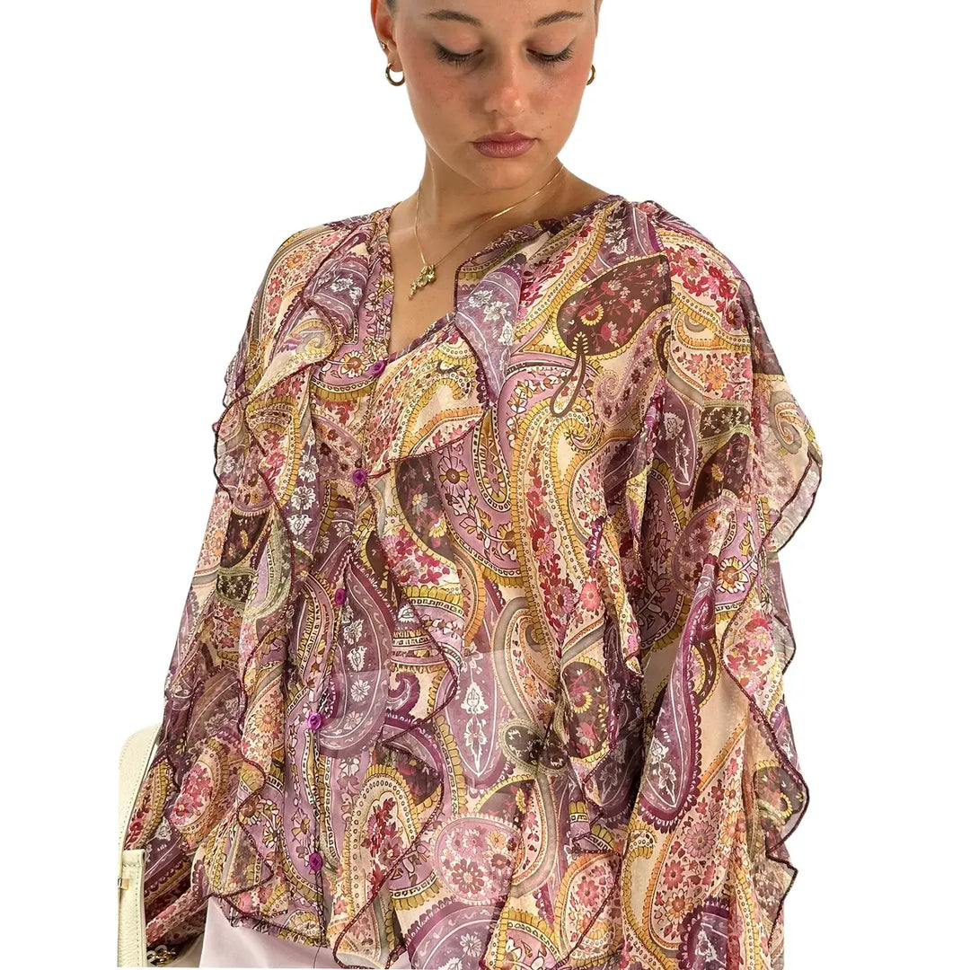 Bassini Blusa Donna Cipria con Fantasia Damascata, Ruches e Bottoncini Frontali