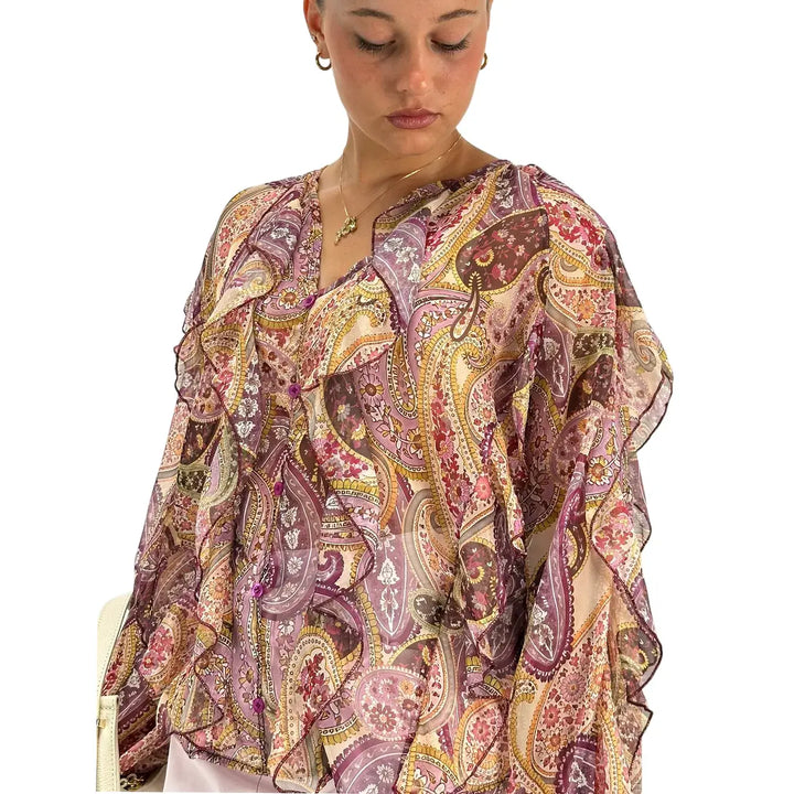Bassini Blusa Donna Cipria con Fantasia Damascata, Ruches e Bottoncini Frontali