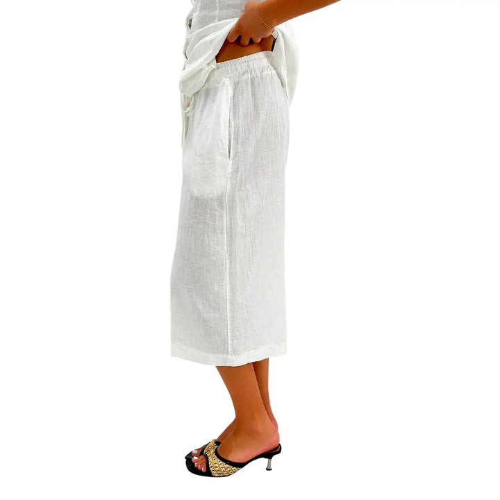 Bassini Bermuda Donna Bianco in Lino e Cotone con Elastico e Coulisse in Vita