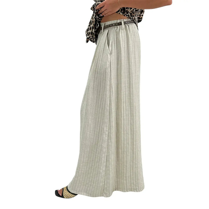 Bassini Pantaloni Donna Ecru Gessati Palazzo in Tessuto Misto