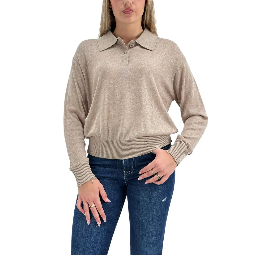 Bassini Maglia Donna Cammello Polo Crop Over a Tre Bottoni con Maniche Lunghe