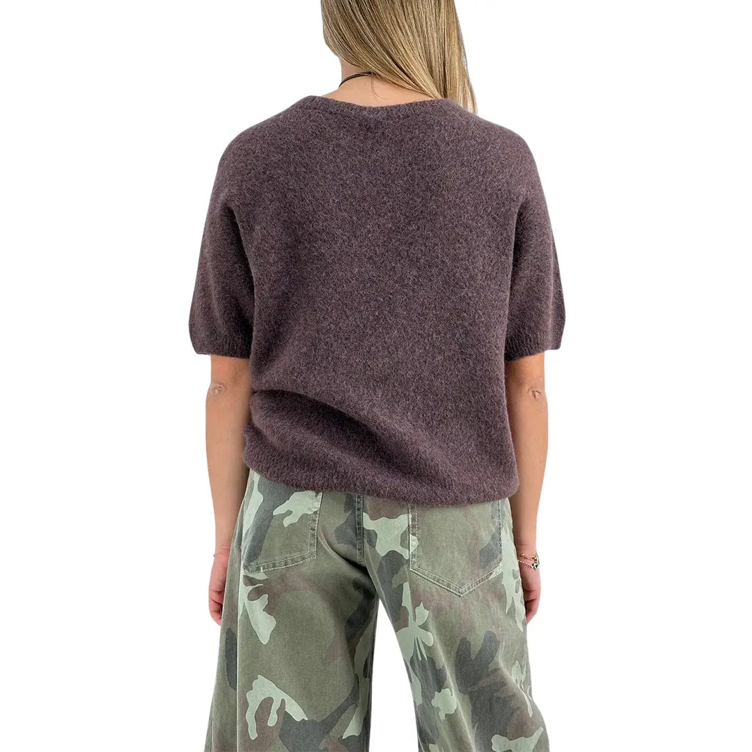 Bassini Maglia Donna Cioccolato Girocollo Oversize con Maniche Corte Raglan e Orlo a Costine