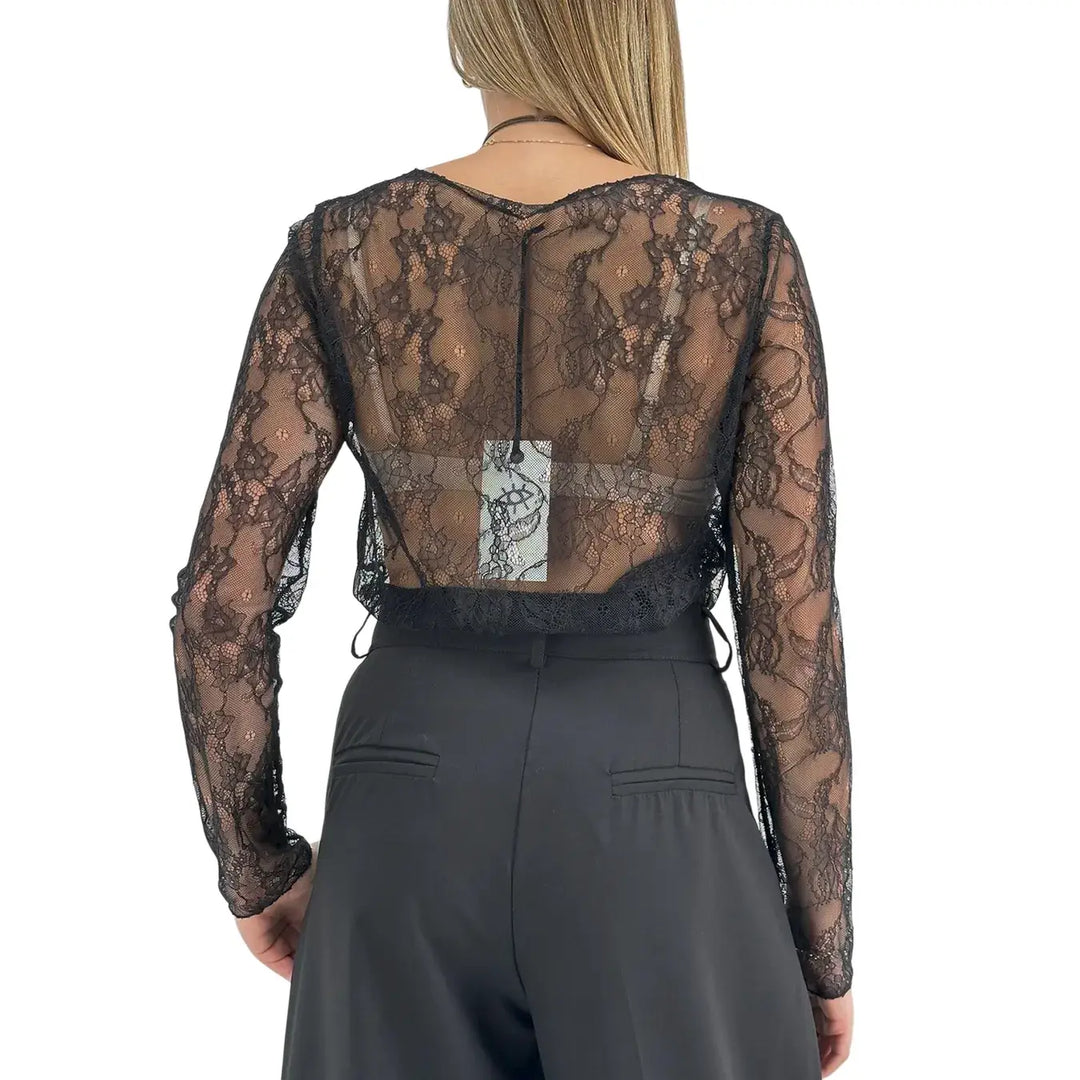 Bassini T-Shirt Donna Nera in Pizzo con Girocollo e Maniche Lunghe