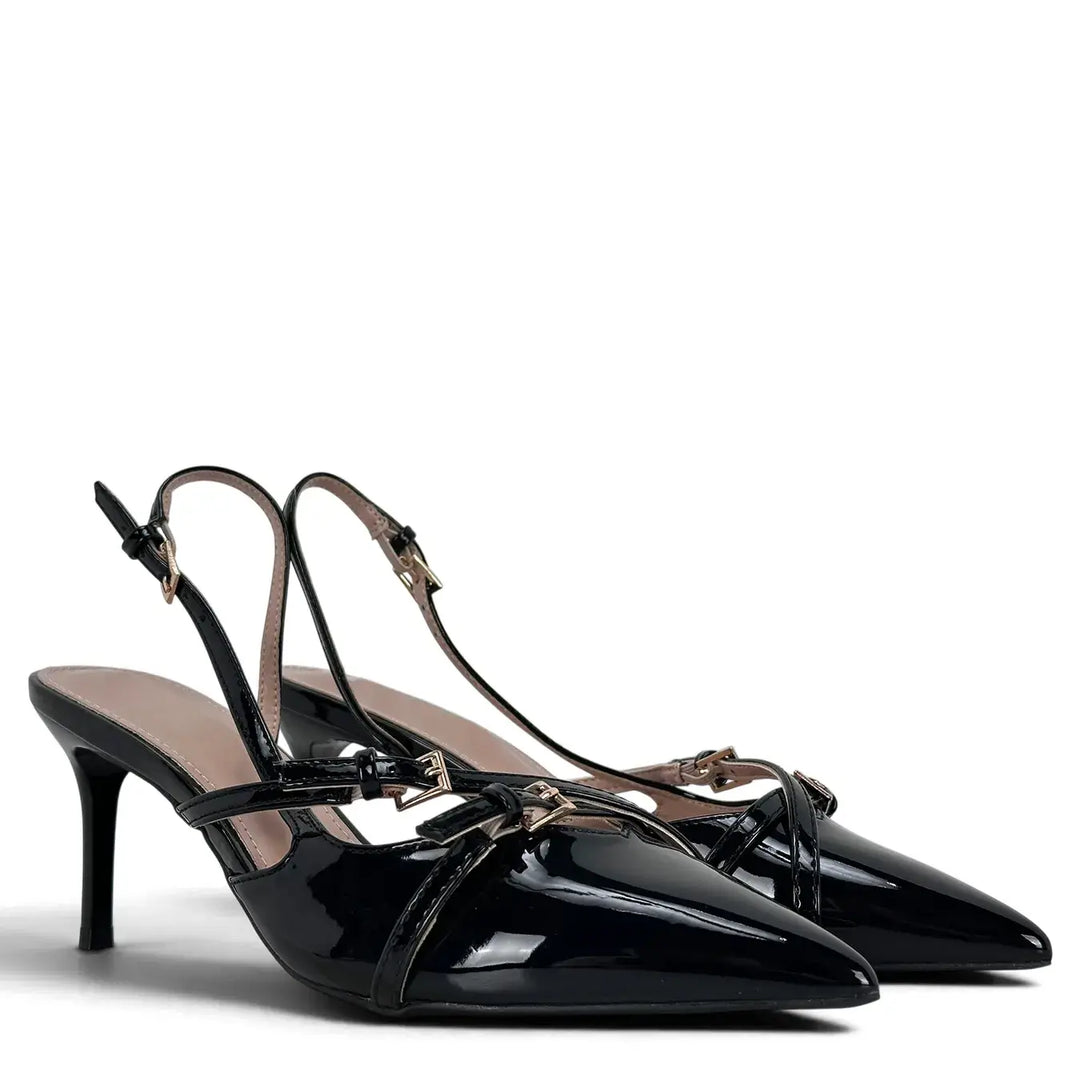 Bassini Slingback Donna in Ecopelle Verniciata Nera con Doppio Cinturino e Fibbiette Oro Tacco 7,5 cm