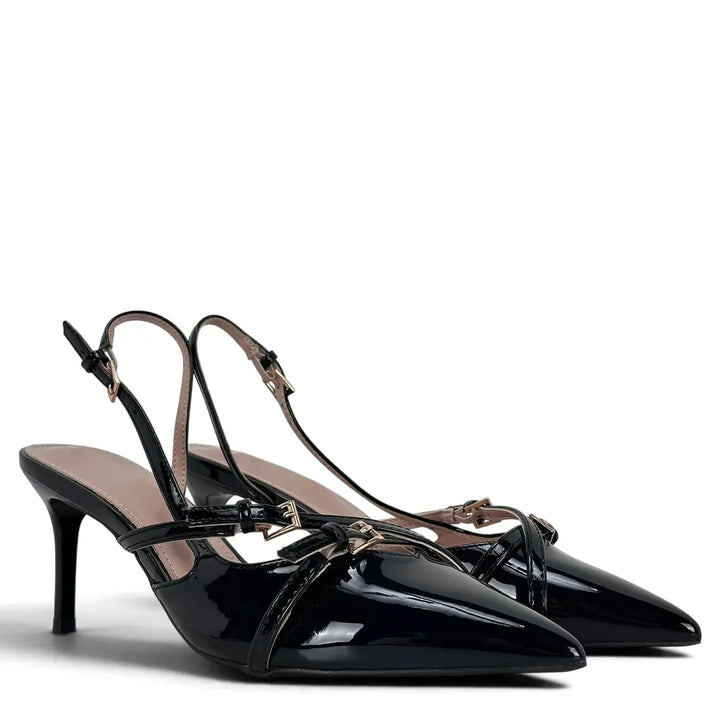 Bassini Slingback Donna in Ecopelle Verniciata Nera con Doppio Cinturino e Fibbiette Oro Tacco 7,5 cm