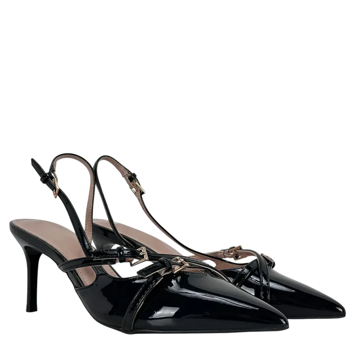 Bassini Slingback Donna in Ecopelle Verniciata Nera con Doppio Cinturino e Fibbiette Oro Tacco 7,5 cm