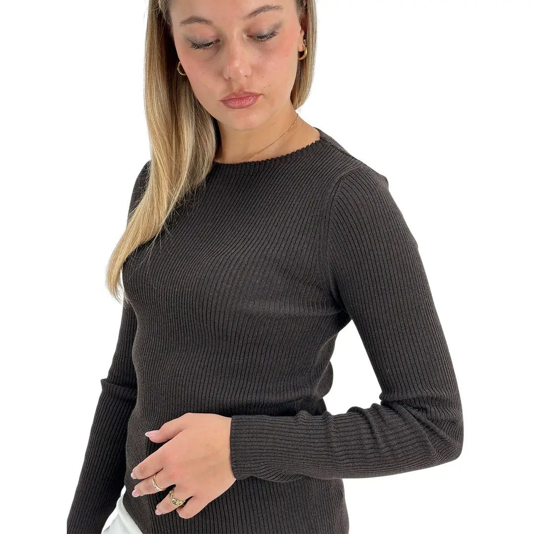 Bassini Maglia Donna Moro a Coste con Girocollo e Maniche Lunghe