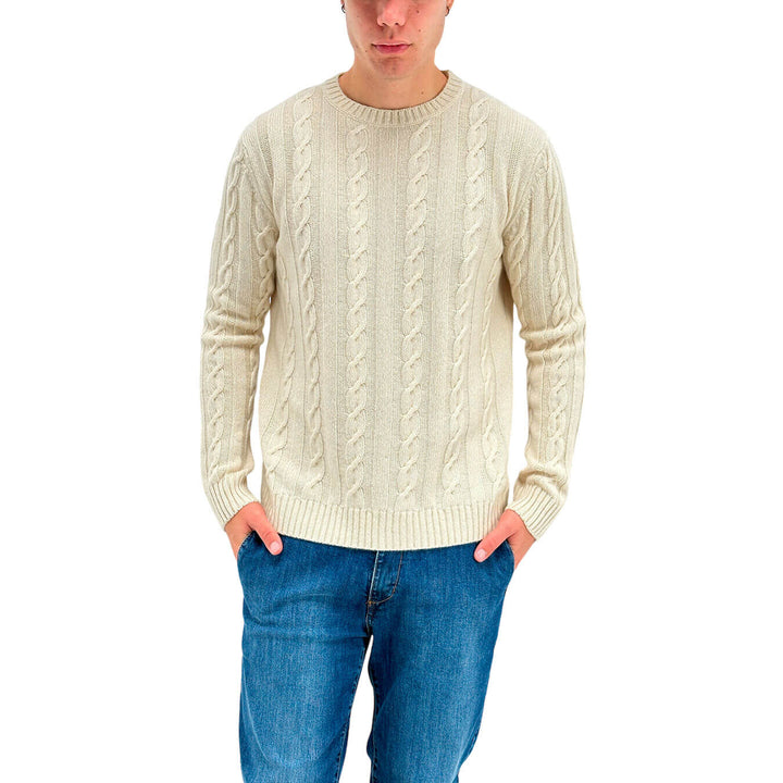 Refabrics Men's Sweater, Crewneck, Cables, Cashmere, Ivory