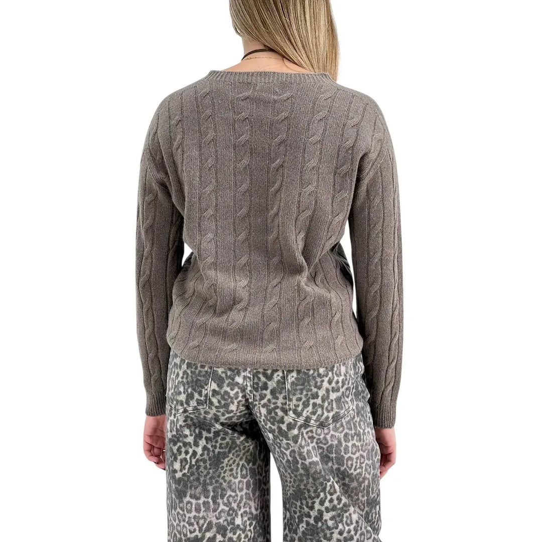 Bassini Maglia Donna Marrone Naturale a Treccia Girocollo con Maniche Raglan Oversize