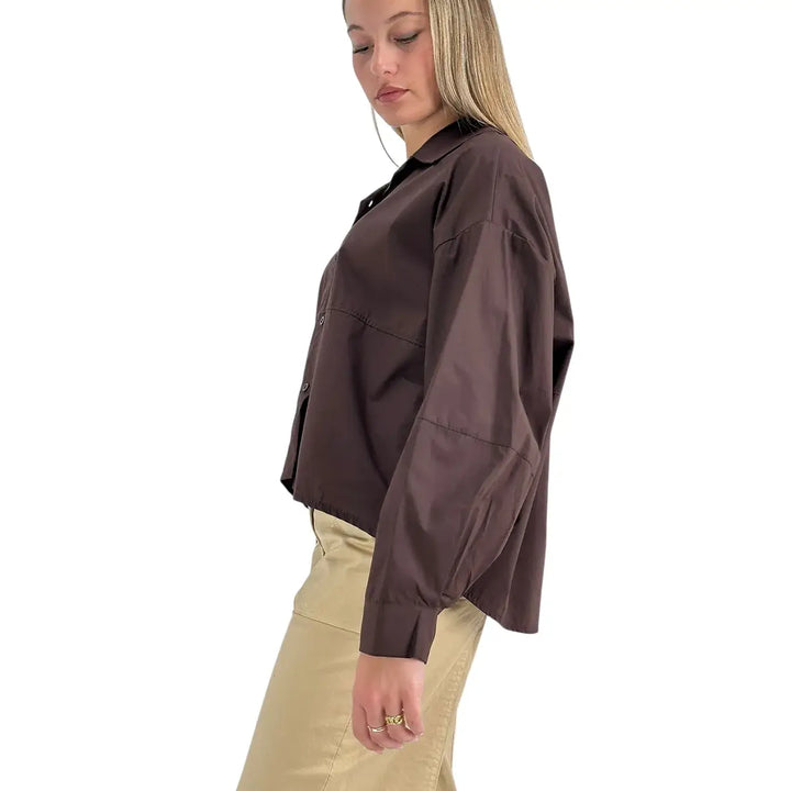 Bassini Camicia Donna Cioccolato Over in Cotone a Maniche Lunghe con Taglio Orizzontale