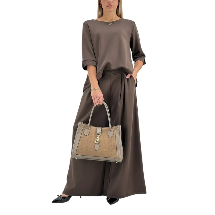 Bassini Felpa Donna Cioccolato Oversize con Scollo a Barca e Maniche Tre Quarti