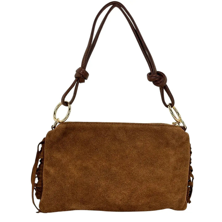 Bassini Borsa Donna in Pelle Scamosciata Cognac con Frange Laterali e Tracolla Intercambiabile