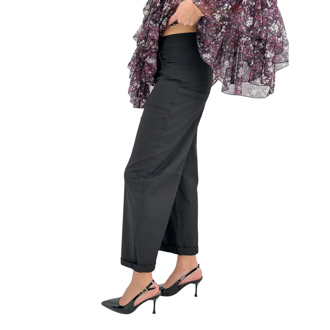 Bassini Pantaloni Donna Palazzo Nero Oversize in Tessuto Elasticizzato con Tasche a Toppa
