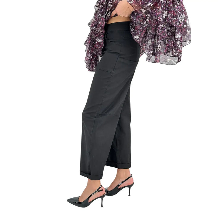 Bassini Pantaloni Donna Palazzo Nero Oversize in Tessuto Elasticizzato con Tasche a Toppa