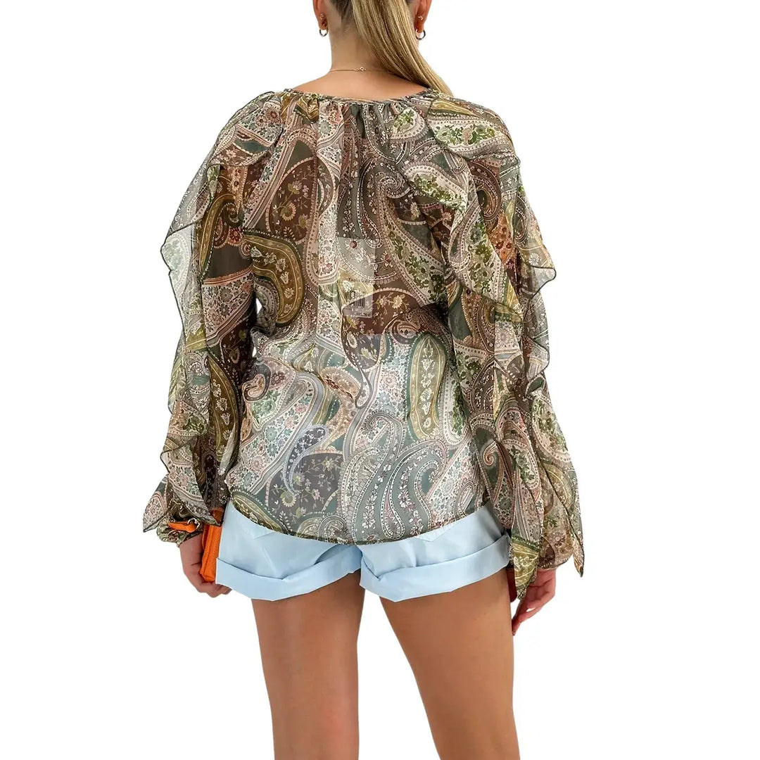 Bassini Blusa Donna Verde con Fantasia Damascata, Ruches e Bottoncini Frontali