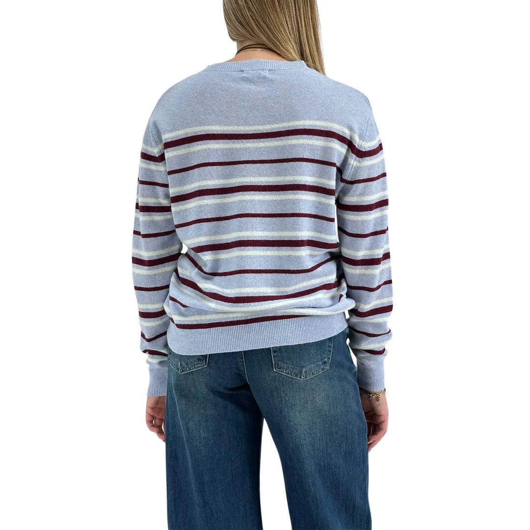 Bassini Maglia Donna Celeste a Righe Borgogna e Bianco Girocollo Oversize