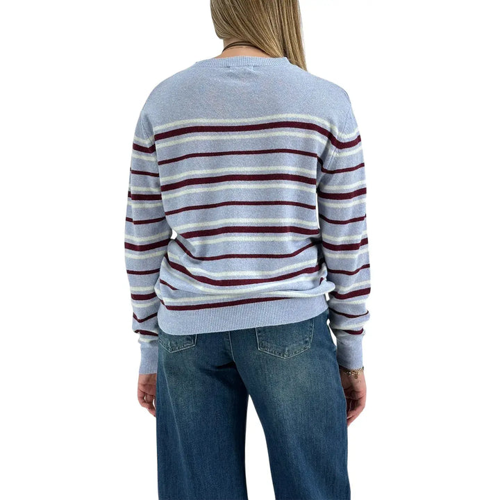 Bassini Maglia Donna Celeste a Righe Borgogna e Bianco Girocollo Oversize