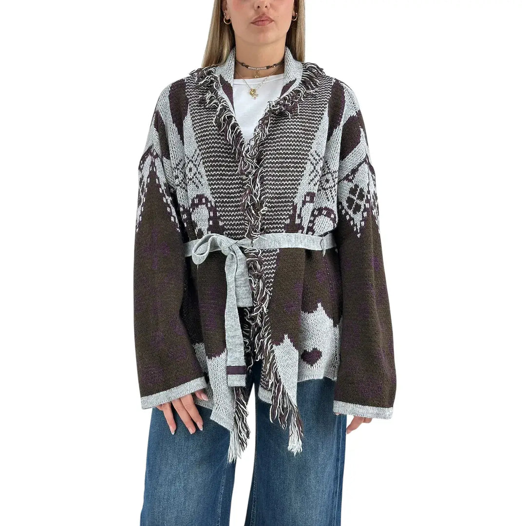 Bassini Cardigan Donna Aperto con Cintura Moro e Grigio con Ricamo Cuori e Bordi Sfrangiati