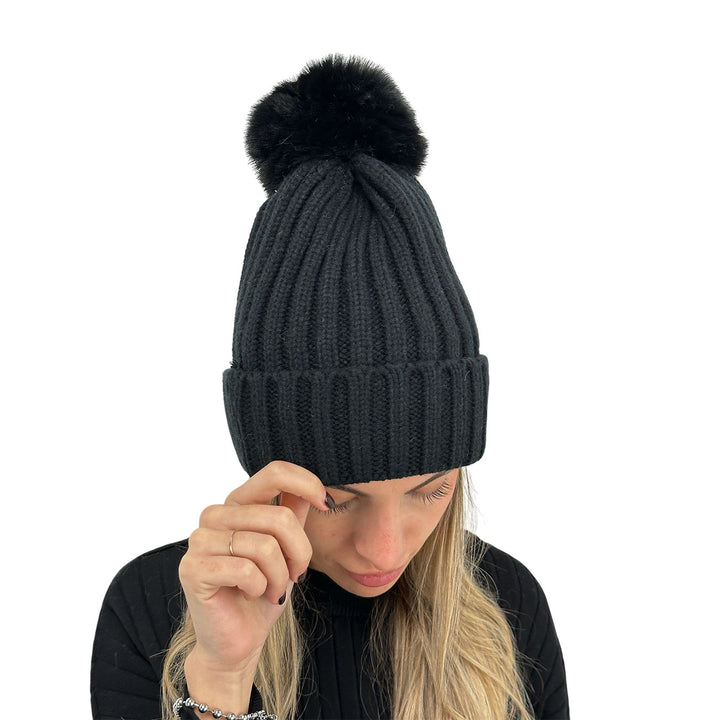 Bassini Cappello Donna, Cuffia, Pompon, Tricot, Nero