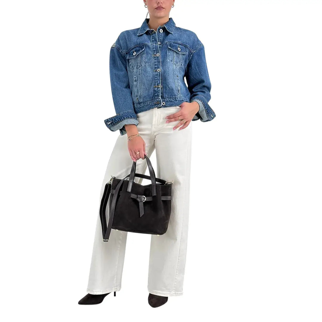 Bassini Giubbotto Donna Blu Medio Modello Trucker in Denim Elasticizzato con Ricami e Paillettes