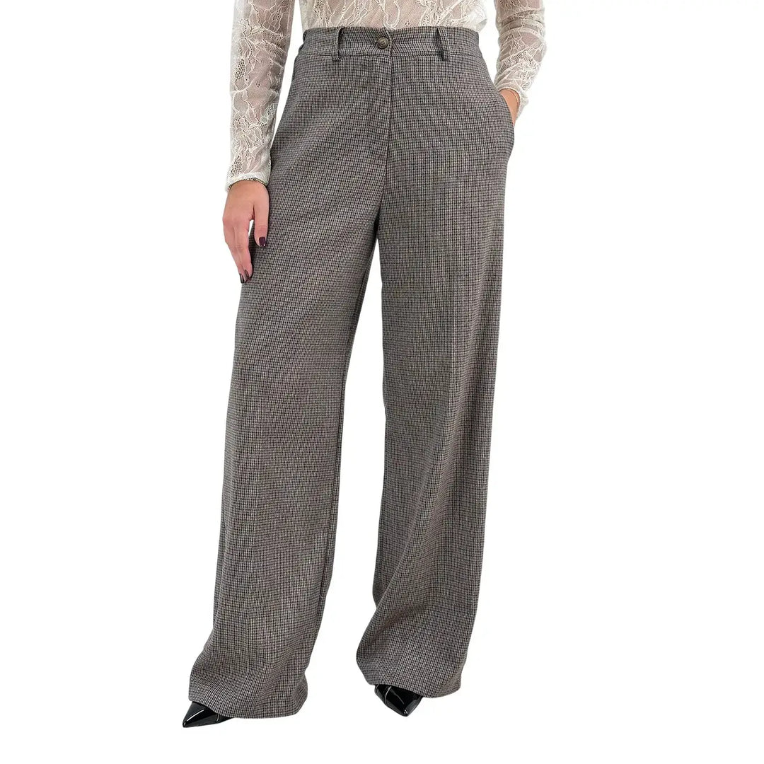 Bassini Pantaloni Donna Marroni Palazzo Principe di Galles con Elastico in Vita e Tasche a Filo