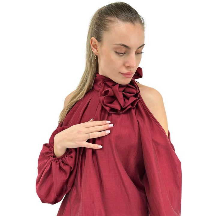 Motel Maglia Donna, Spalle Scoperta, Fiore Decorativo, Bordeaux