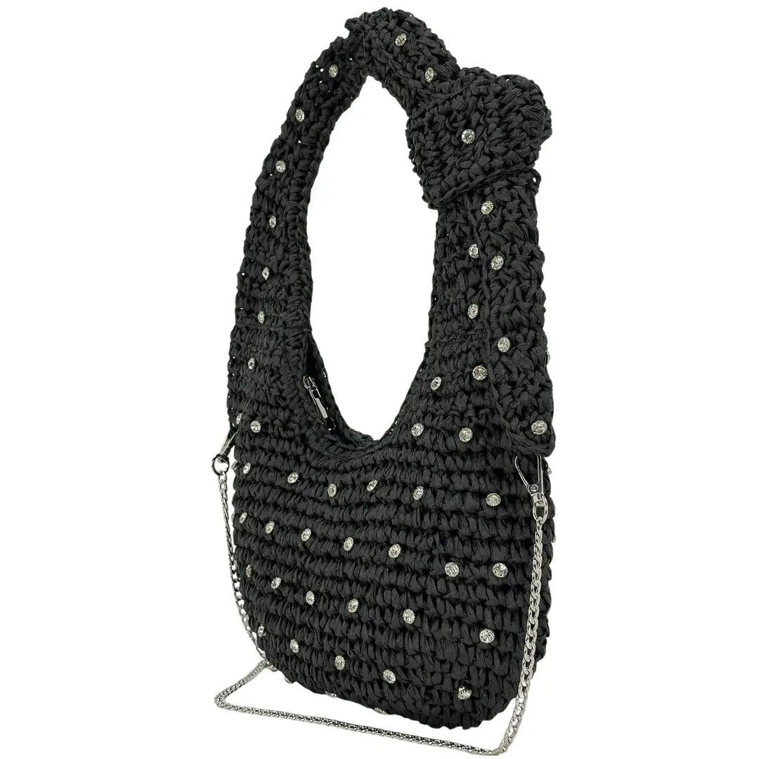 Bassini Borsa Donna in Rafia Nera a Spalla con Tracolla Catena Argento e Applicazioni Strass