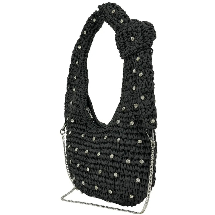 Bassini Borsa Donna in Rafia Nera a Spalla con Tracolla Catena Argento e Applicazioni Strass