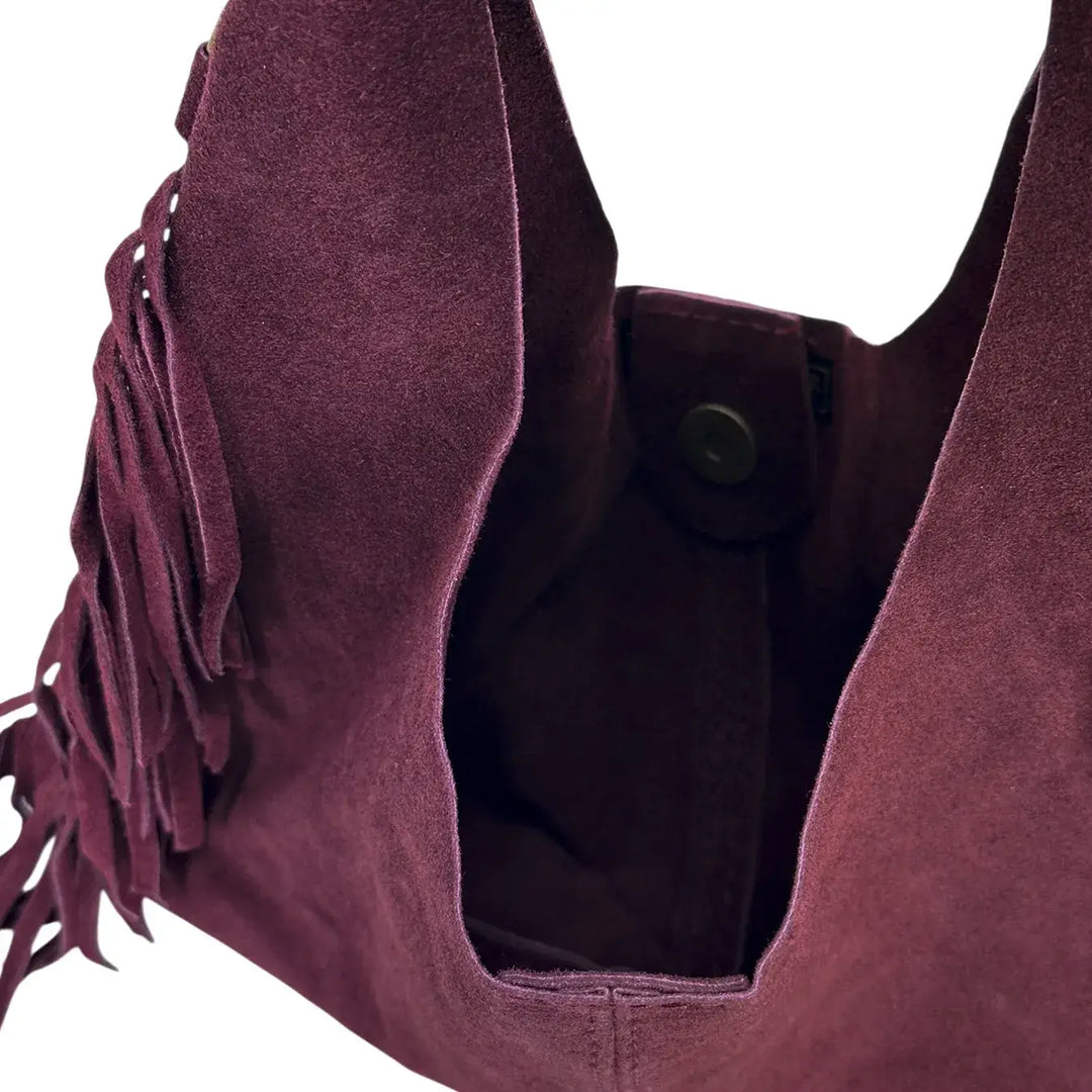 Bassini Borsa Donna in Pelle Scamosciata Burgundi con Frange Laterali e Tracolla Rimovibile