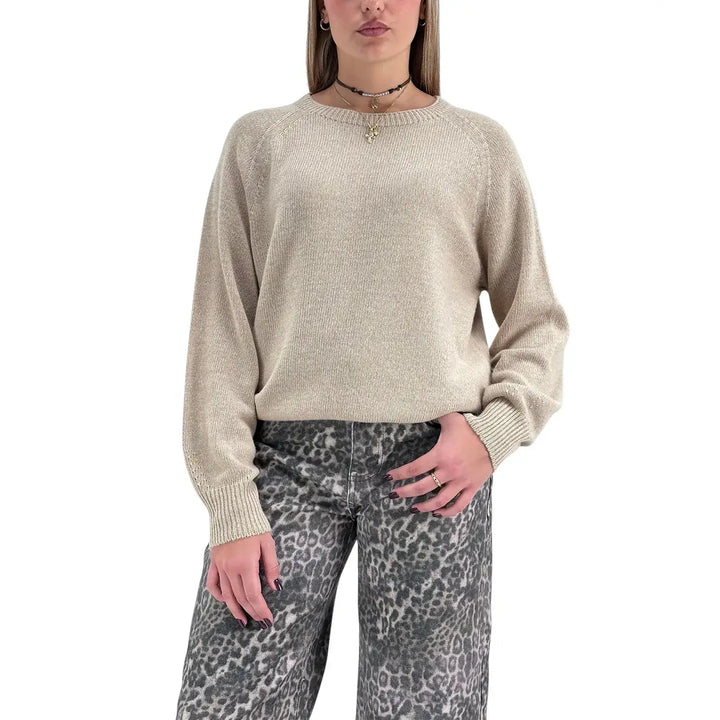 Bassini Maglia Donna Cammello Girocollo Oversize con Maniche Raglan e Orlo a Costine