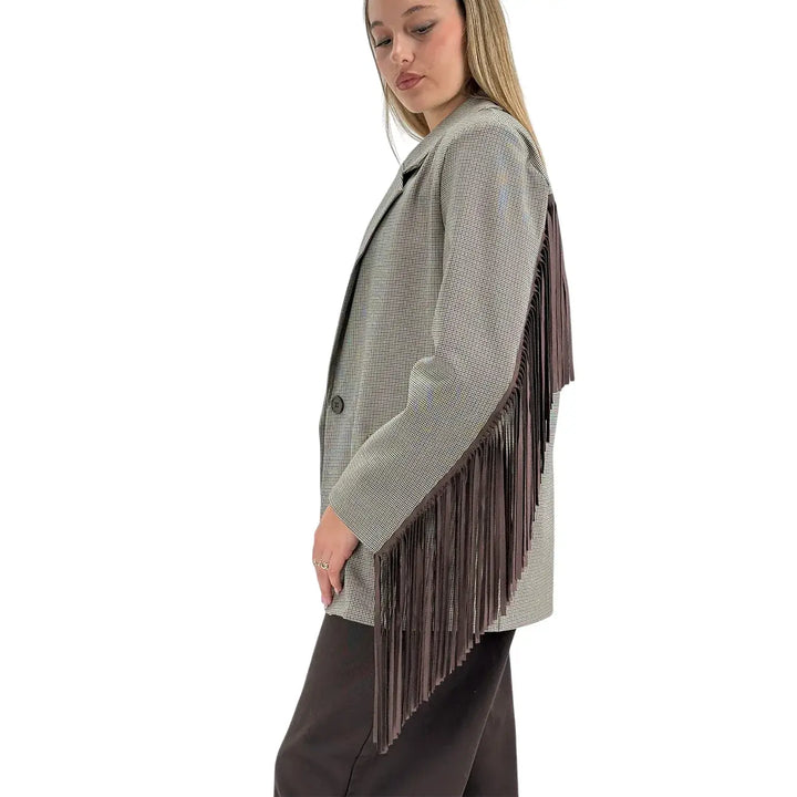 Bassini Giacca Donna Beige Pied de Poule Oversize Monopetto con Frange Marroni