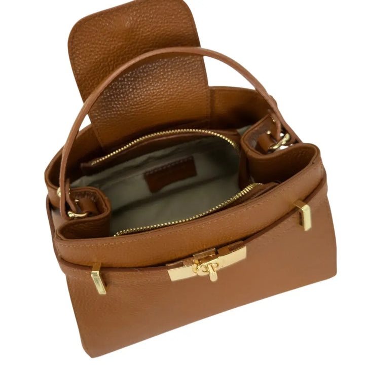 Bassini Borsa Donna in Pelle Cognac con Maniglia Centrale Tracolla Rimovibile e Girello