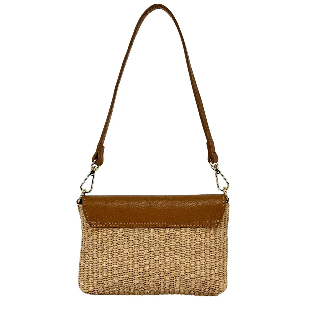 Bassini Borsa Donna Piccola in Raffia e Pelle Cuoio con Tracolla Rimovibile e Girello Bambù