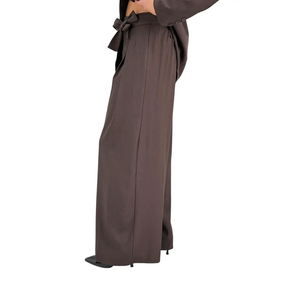 Bassini Pantaloni Donna Palazzo Cioccolato Oversize in Tessuto Morbido Effetto Raso con Cintura a Fiocco