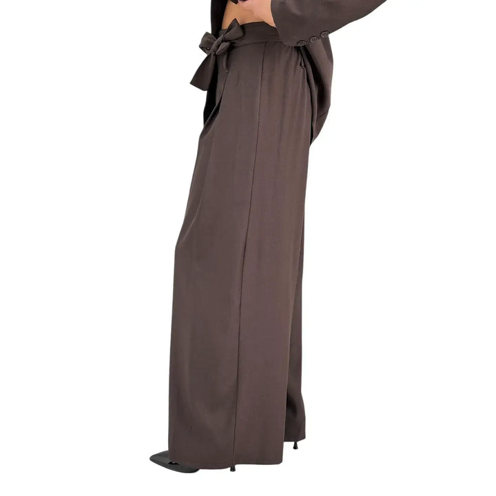 Bassini Pantaloni Donna Palazzo Cioccolato Oversize in Tessuto Morbido Effetto Raso con Cintura a Fiocco
