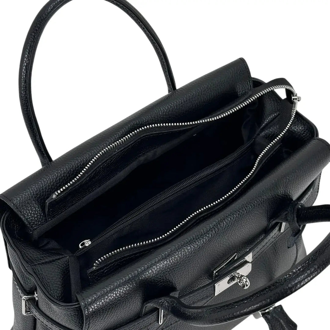 Bassini Borsa Donna in Pelle Nera con Doppi Manici, Tracolla Rimovibile e Chiusura con Zip
