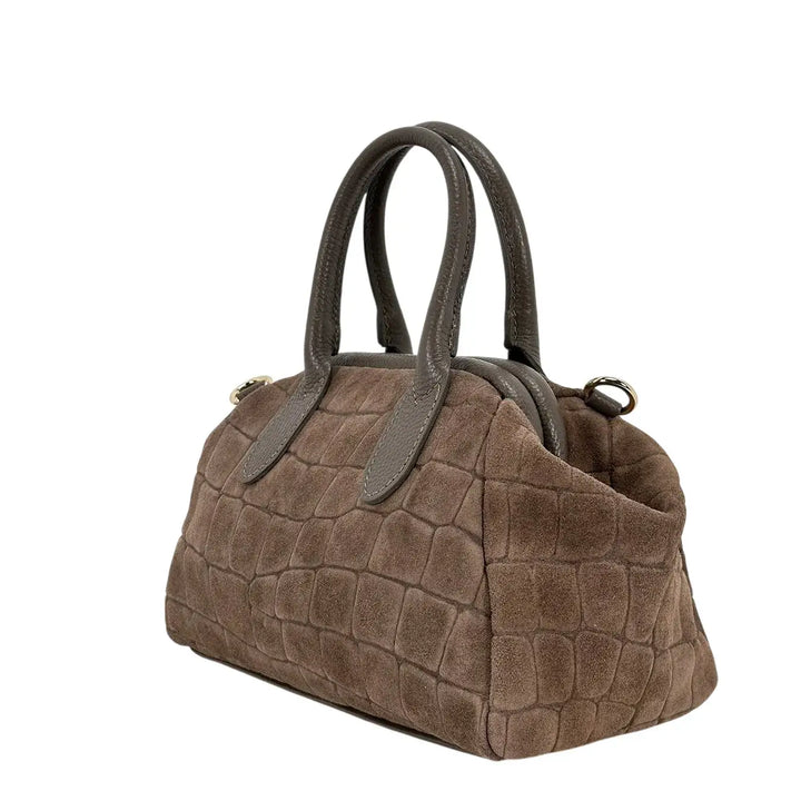 Bassini Borsa Donna Bauletto in Pelle Scamosciata Stampa Cocco Taupe con Tracolla Rimovibile