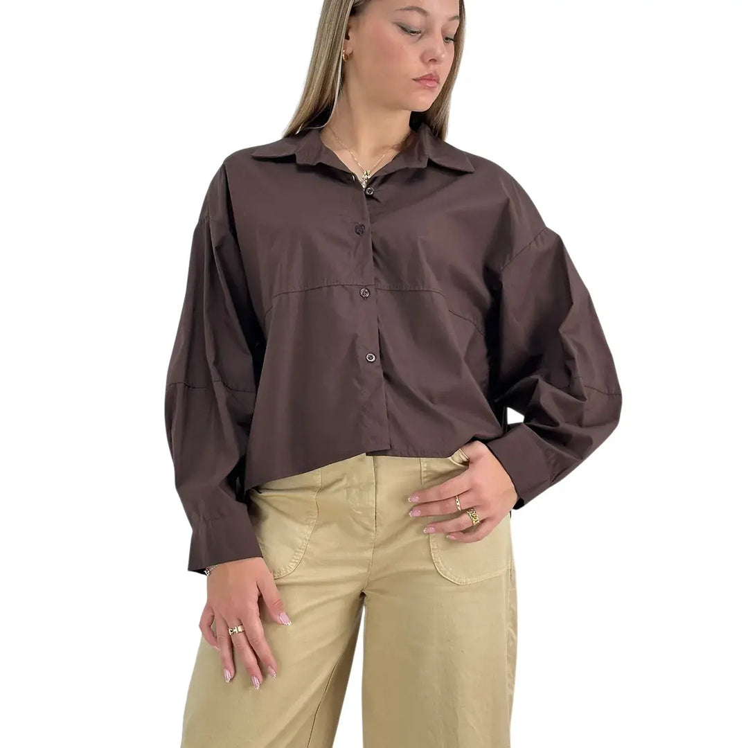Bassini Camicia Donna Cioccolato Over in Cotone a Maniche Lunghe con Taglio Orizzontale