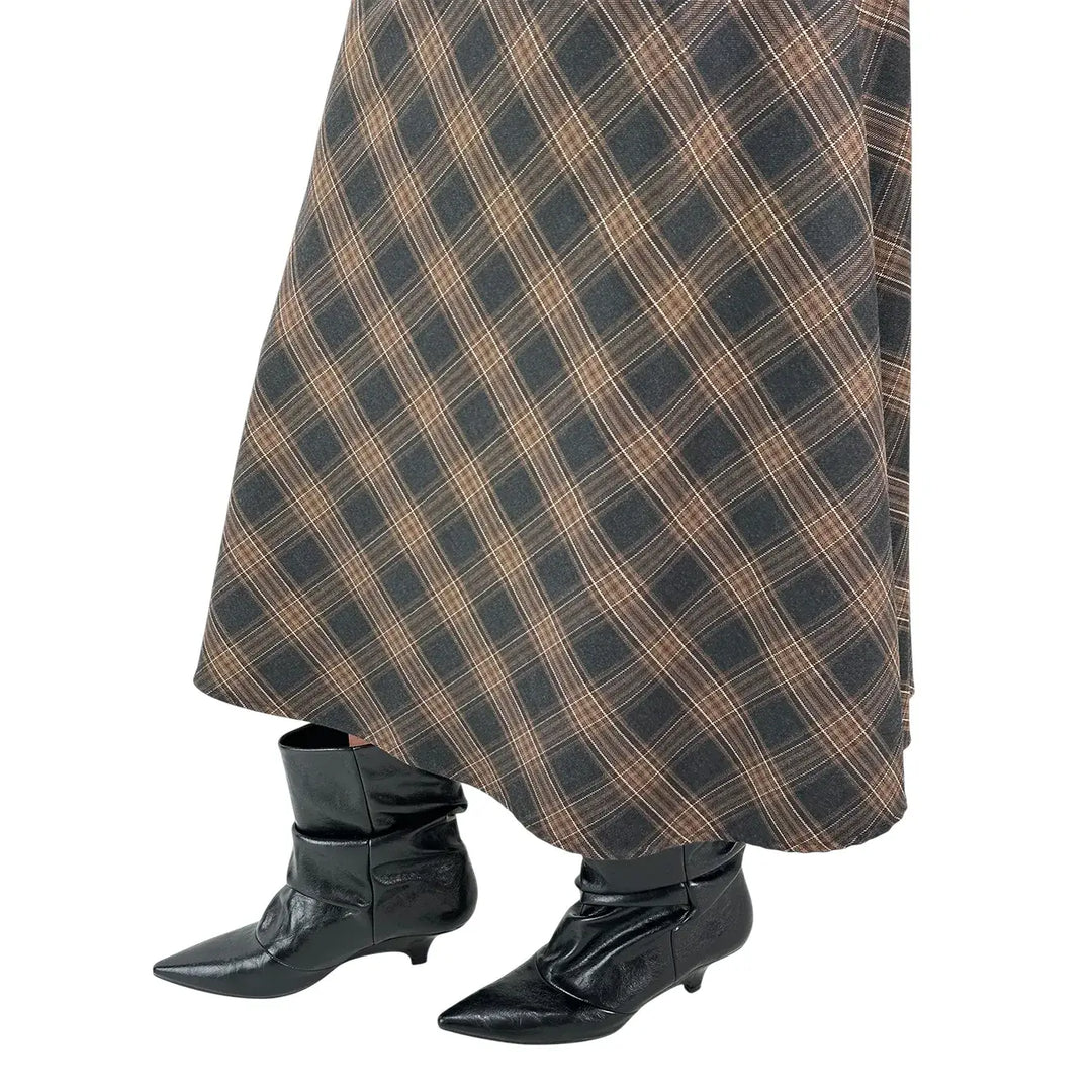 Bassini Gonna Donna Marrone e Beige a Ruota in Tessuto Tartan