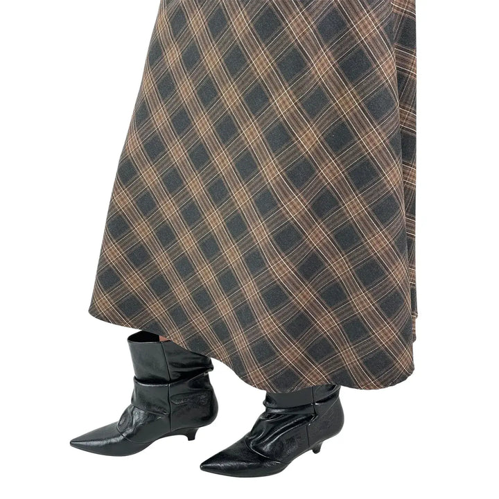 Bassini Gonna Donna Marrone e Beige a Ruota in Tessuto Tartan