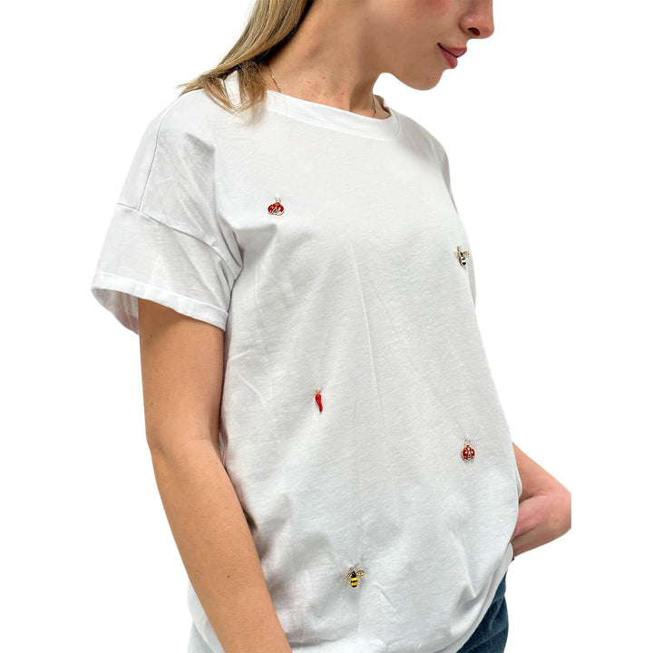 Tensione In Maglia Donna, T-Shirt, Applicazioni a Ciondolo, Bianco