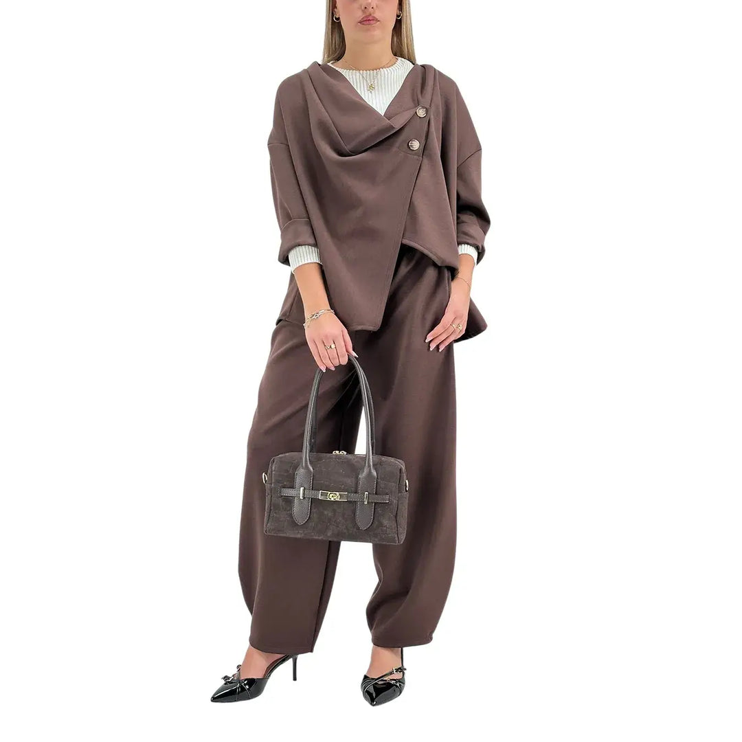Bassini Giacca Donna Cioccolato in Felpa Over Asimmetrica a Due Bottoni con Maniche Raglan