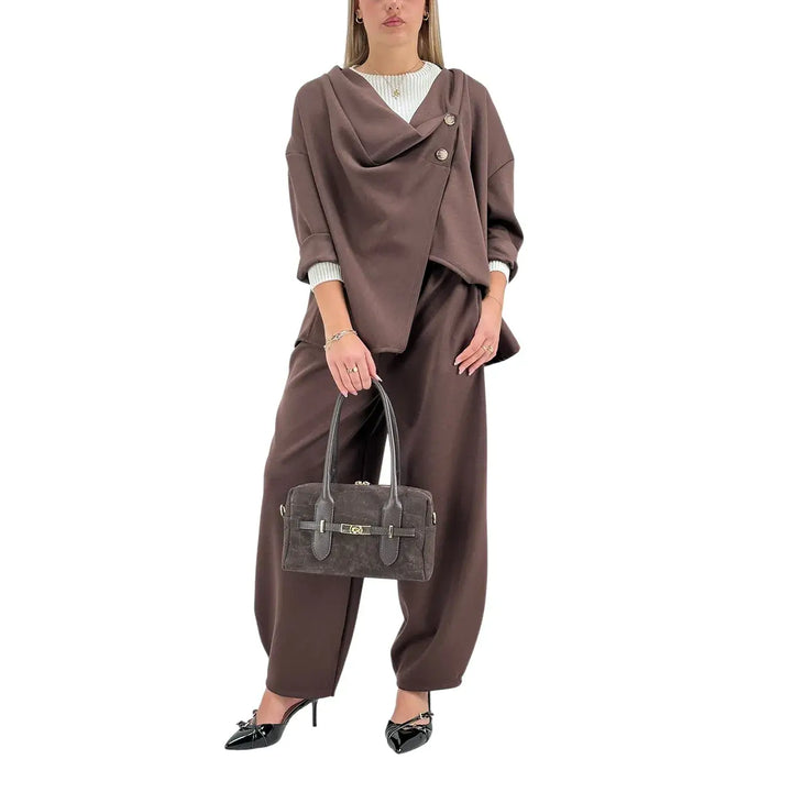 Bassini Giacca Donna Cioccolato in Felpa Over Asimmetrica a Due Bottoni con Maniche Raglan