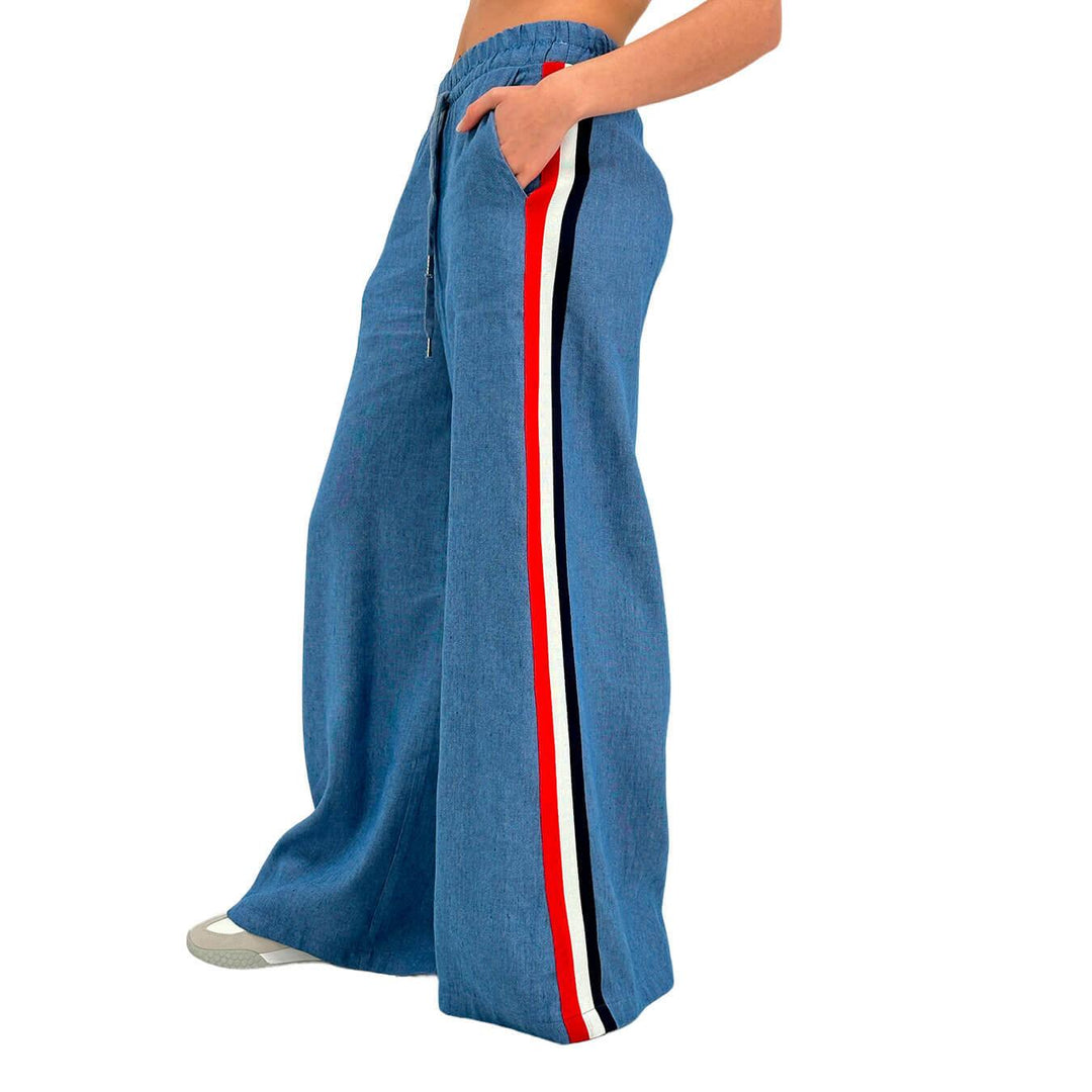 Motel Women's Trousers, Long, Side Stripe, Mixed Fabric, Denim