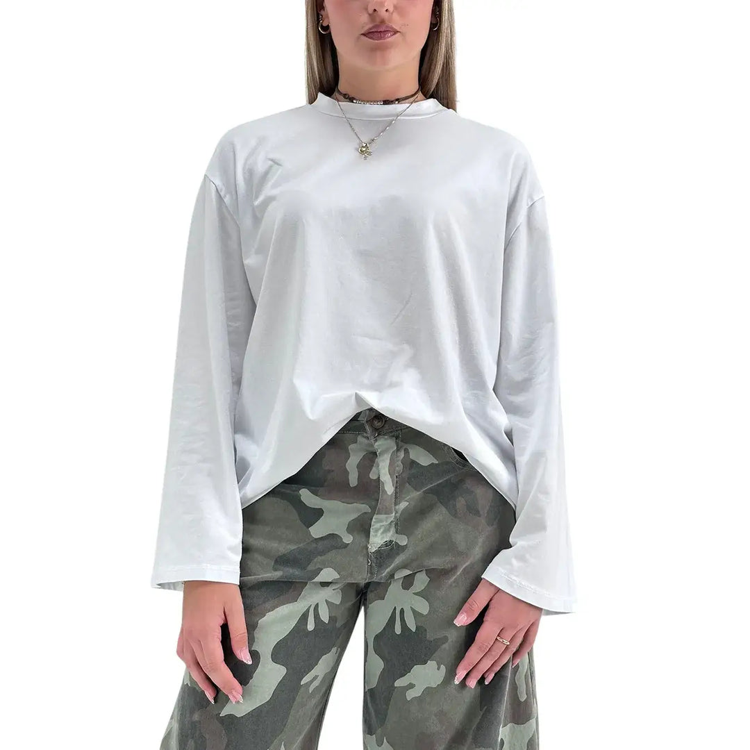 Bassini T-Shirt Donna Bianca Oversize con Maniche Lunghe a Campana e Girocollo